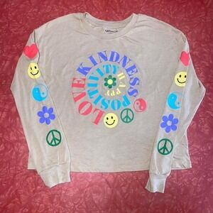 Rebellious One Love Kindness Positivity Graphic Long Sleeve Tee Tan Women Medium